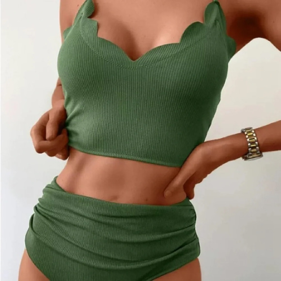 Zaful Ribbed Scalloped LaceUp TummyControl Tankini Green Size Small NWT - Picture 3 of 8